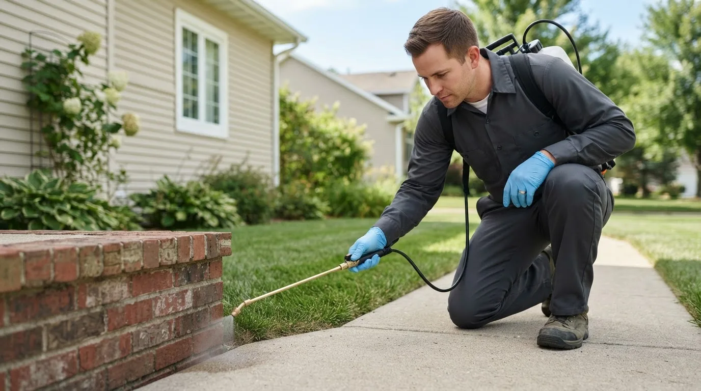 Pest control technician treating a home near Fairfield, MT