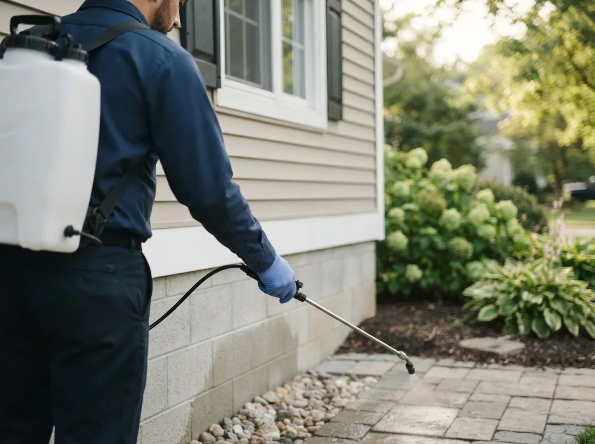 Pest control technician inspecting a home in Fairfield, MT